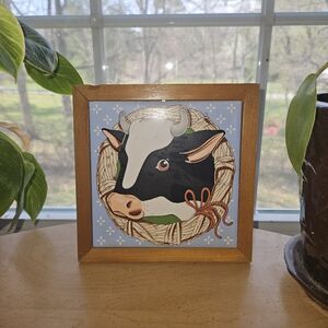 ​Vintage Farmhouse Ceramic Cow Tile Trivet – Framed Wood Wall Art